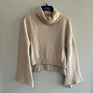 7115 by Szeki Cotton Cowl Neck Bell Sleeve Cropped Sweater in Cream, XS